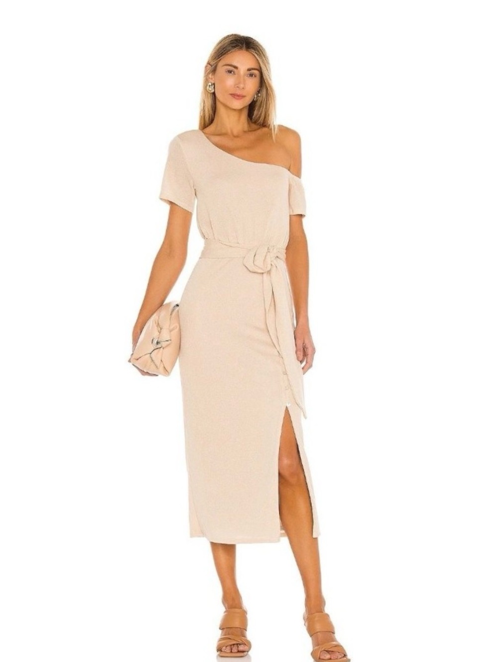 NWT Lovers + Friends One-Shoulder Beige Midi Dress with Waist Tie